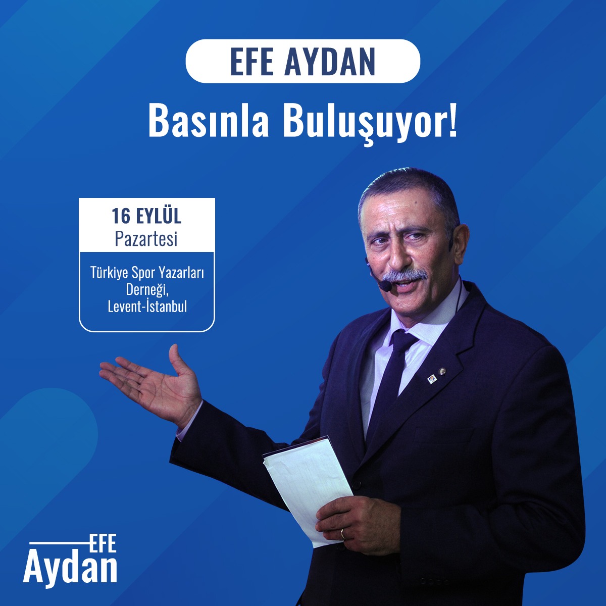 16 Eylül Pazartesi günü saat 11:00’de Spor Yazarları Derneği’nde Türkiye Basketbol Federasyonu Başkan Adayımız Efe Aydan basınla buluşuyor. 

Basketbol dünyası için hayal ettiğimiz bütün gelişimi ve dönüşümü duyuracağız, bizi takip etmeye devam edin!
#EfeAydan #TBF #EfsaneKaptan
