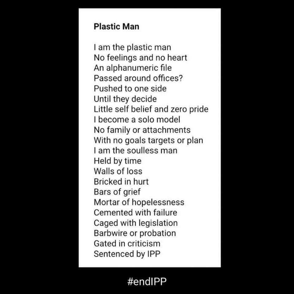 UNGRIPP's tweet photo. Day 70 of a new government
‘Plastic man’
A poem shared with us by someone who is trapped in prison on IPP. He has never been released despite having served his tariff many times over.
@Keir_Starmer @ShabanaMahmood @JamesTCobbler
#ipp #ippreform https://t.co/viEQUb3vrP