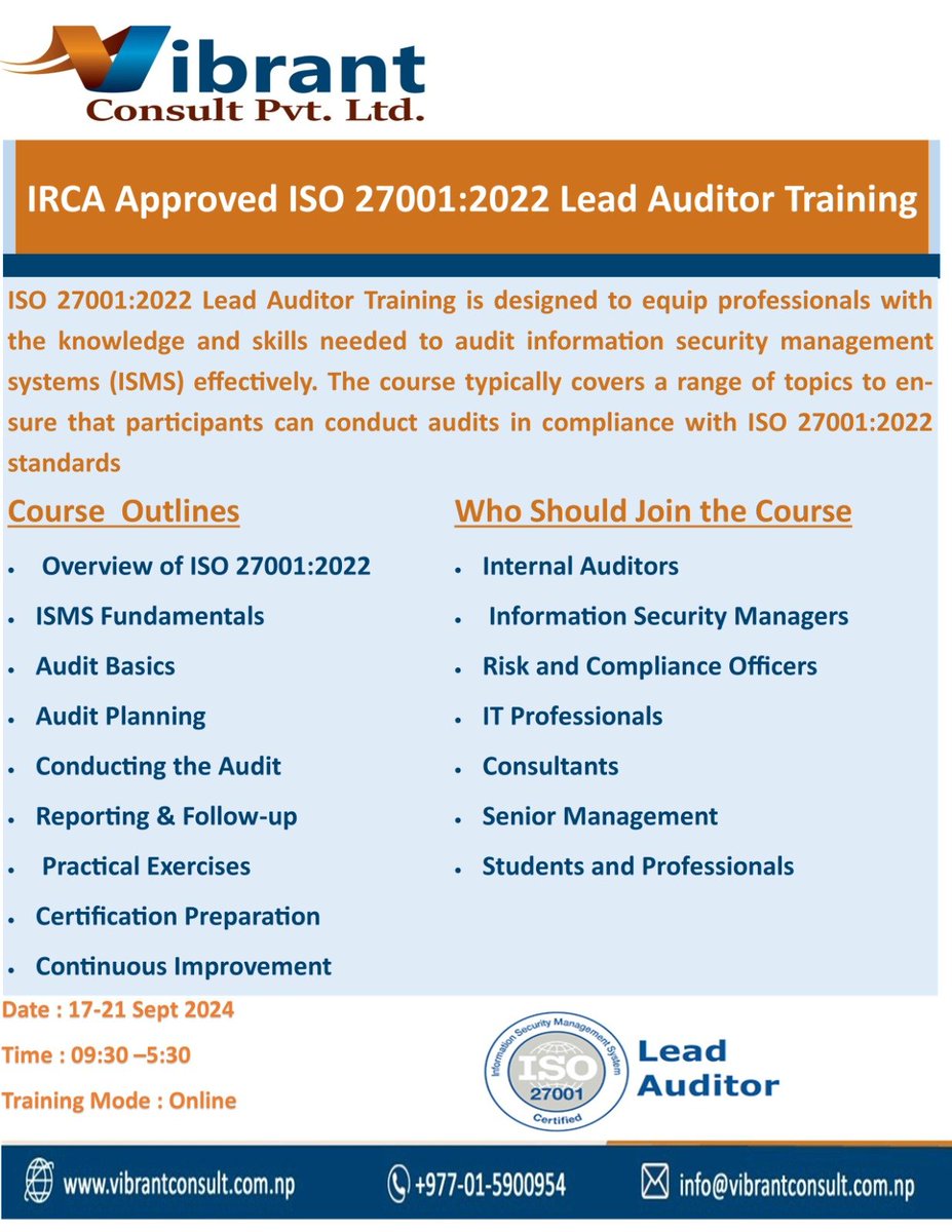We are excited to invite you to our upcoming IRCA Approved Lead Auditor Training on the ISO 27001:2022 Standard. This training is a great opportunity to enhance your auditing skills and stay updated with the latest standards in information security management System
