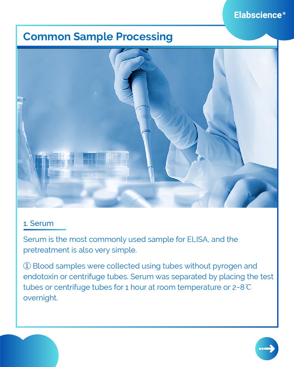 Elabscience_bio's tweet image. 🔥 Common and special ELISA sample processing methods and precautions guide for your research 👇 

#ELISA #SampleProcessing #SamplePrecautions #CellCulture