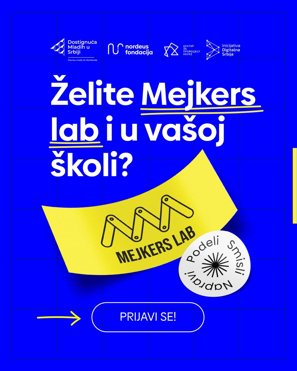 Da li želite da i vaša škola dobije Mejkers lab? 🏫 🎒 

Više informacija: lnkd.in/eefj_fHv
Rok za prijavu: 1. oktobar 2024.

<a href="/NFondacija/">Nordeus Fondacija</a> 
<a href="/JA_Serbia/">DostignucaMladih</a>
<a href="/CPNSrbija/">Centar za promociju nauke</a> 
<a href="/DigitalnaSrbija/">Inicijativa Digitalna Srbija</a>