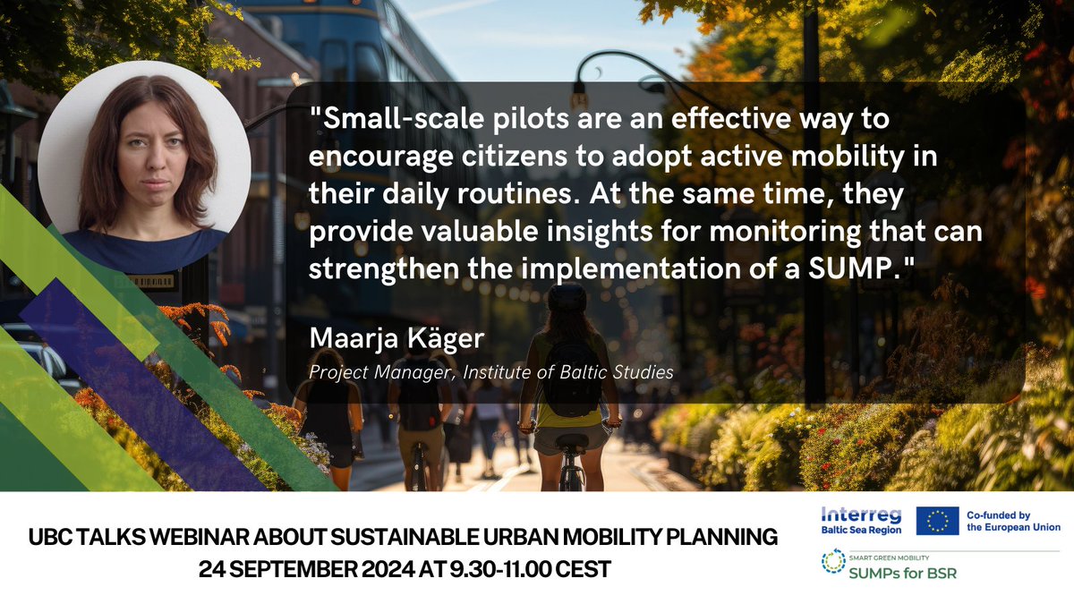 🚶‍♂️🚲Want to nudge your city towards active mobility?
Join us for the #UBCTALKS webinar on 24 Sep 2024 and hear from experts how small-scale pilots can spark real change and provide valuable insights!

🕒09.30–11.00 CEST
📝ubc-sustainable.net/events/ubc-tal…
#MadeWithInterreg #SUMPsforBSR