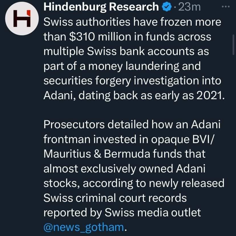 Good morning! 🌅 Adani Group stocks dropped by 2% after a new report claimed $310M in funds were frozen in Swiss banks. Not the best start to the day! ☕📉 #StockMarket #AdaniGroup #BadNewz