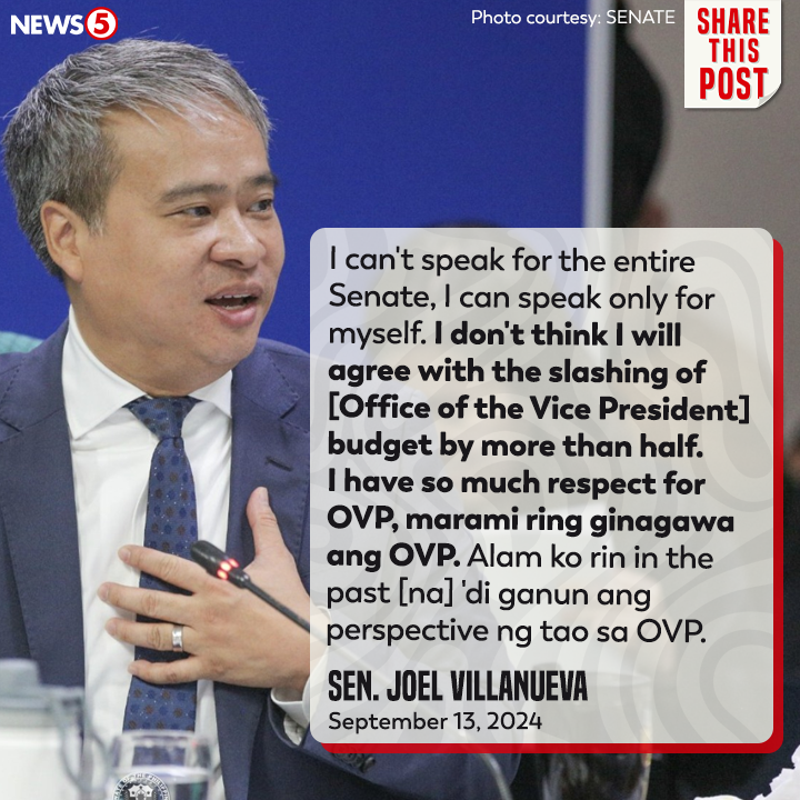 Bagaman nirerespeto ni Sen. #JoelVillanueva ang naging desisyon ng Kamara na bawasan ang budget ng Office of the Vice President #OVP, hindi aniya siya sang-ayon dito. #News5 | via Maeanne Los Baños-Oroceo