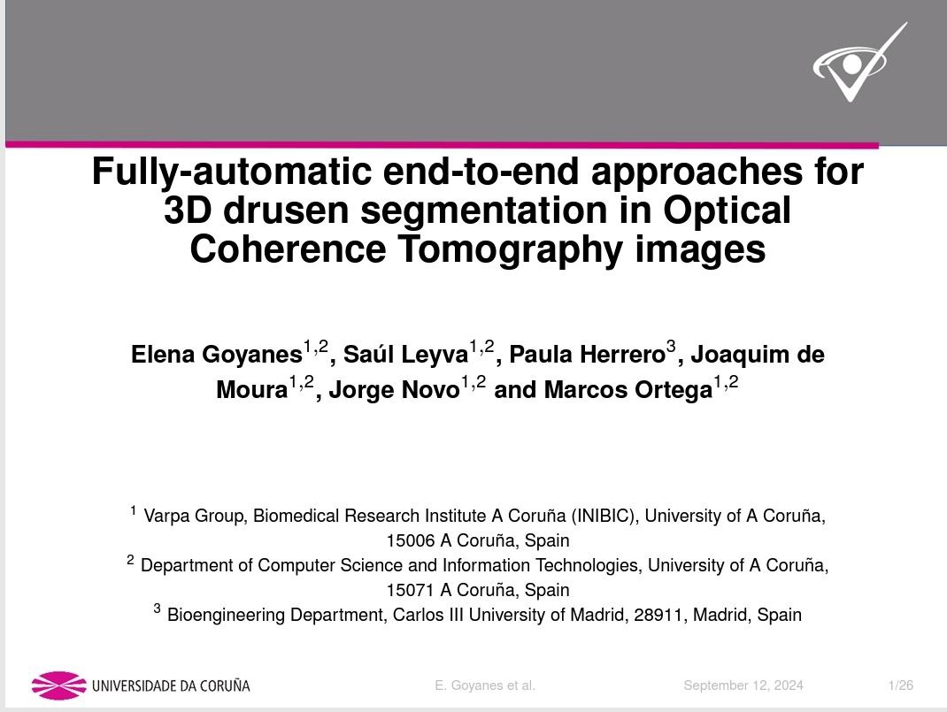 Fully-automatic end-to-end approaches for 3D drusen segmentation in OCT images at the International Conference (#KES2024)! Congrats to the incredible team: <a href="/ElenaGoyanes/">Elena Goyanes</a>, Saúl Leyva, Paula Herrero, Joaquim de Moura, <a href="/jnovobujan/">Jorge Novo Buján</a>, and <a href="/M_OrtegaHortas/">Marcos Ortega Hortas</a>! #AI #Health