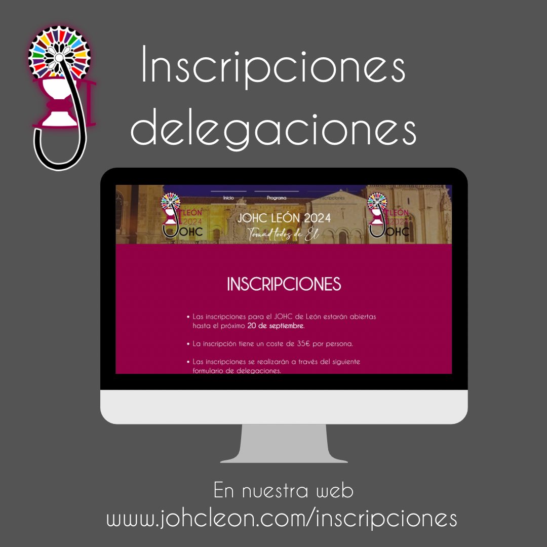 INSCRIPCIONES JOHC

Continúan abiertas las inscripciones por delegación o individuales (de personas de fuera de León) hasta el 20 de septiembre.

Todo lo necesario para inscribirse, está en nuestra página web, johcleon.com

#tomadtodosdeel #johcleon #jovenespapones