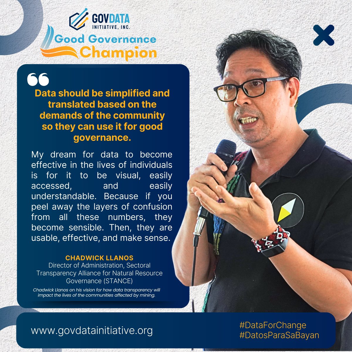 _GDItweets's tweet photo. Meet Chadwick "Chad" Llanos, our August Good Governance Champion! Director of STANCE, Chad advocates for data transparency and community empowerment in Cebu’s mining sector. 

Read more: https://t.co/GmJXVa3kMo https://t.co/gIfbYR0d9n