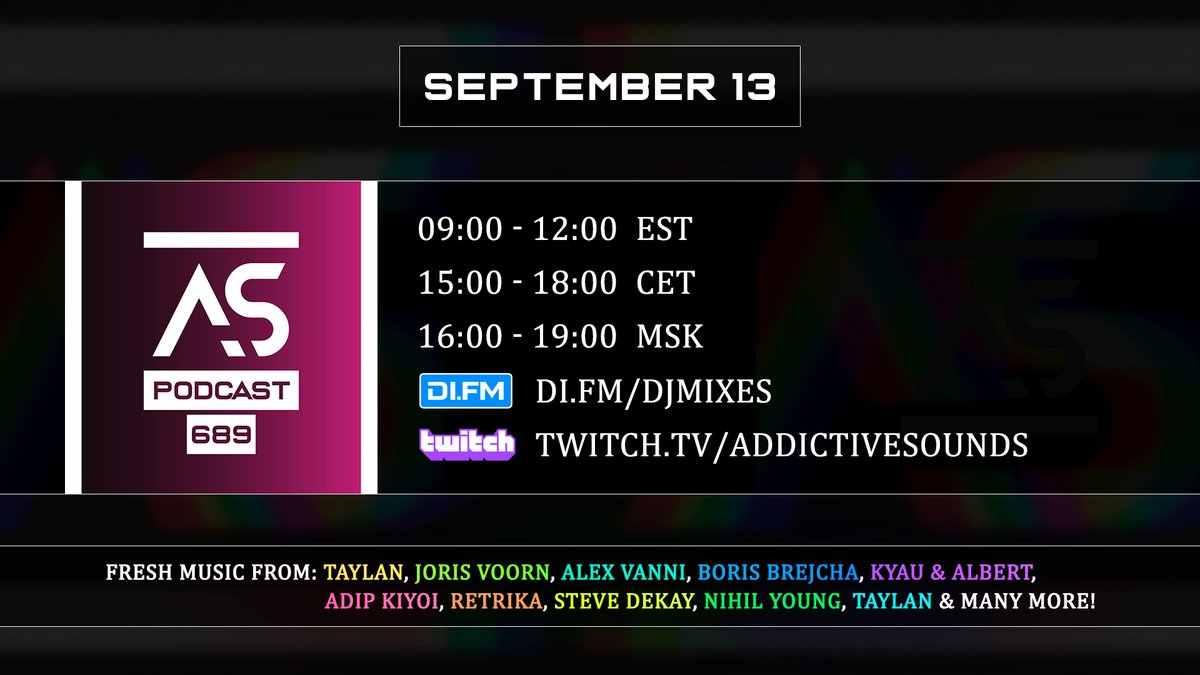 AS Podcast ep. 689 goes on air today 15:00 CET with new music from <a href="/musicbytaylan/">MUSICbyTAYLAN</a>, <a href="/jorisvoorn/">Joris Voorn</a>, <a href="/BB_BORISBREJCHA/">Boris Brejcha</a>, <a href="/KyauAndAlbert/">Kyau & Albert 🇺🇦</a>, <a href="/adipKiyoi/">Adip Kiyoi</a>, <a href="/stevedekay/">Steve Dekay</a> and many others! 🎶