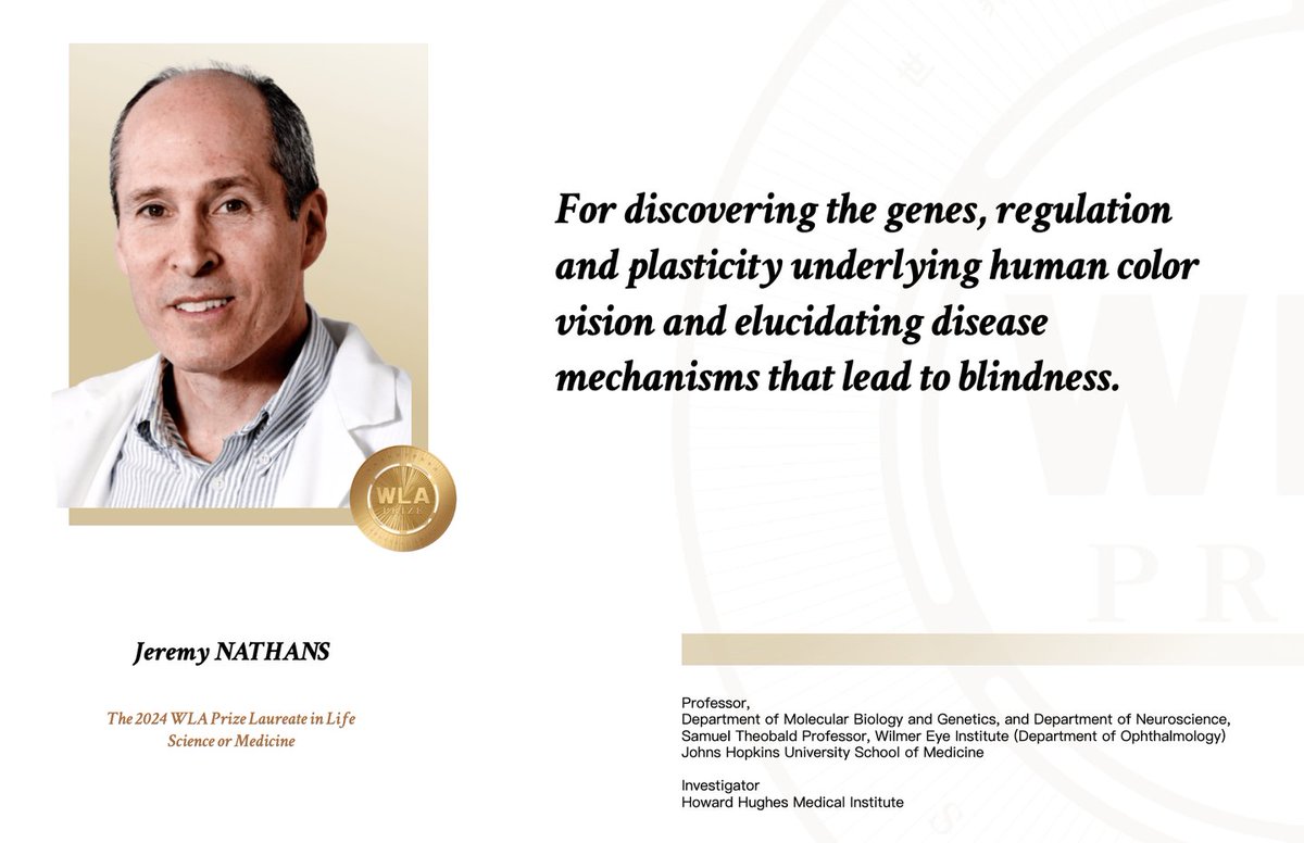The WLA Prize (@thewlaprize) on Twitter photo Meet Jeremy Nathans, the 2024 World Laureates Association Prize (#WLAPrize) laureate in Life Science or Medicine.
As a professor of molecular biology and genetics, neuroscience, and ophthalmology at the <a href="/JohnsHopkins/">Johns Hopkins University</a> School of Medicine, he has made groundbreaking contributions Meet Jeremy Nathans, the 2024 World Laureates Association Prize (#WLAPrize) laureate in Life Science or Medicine.
As a professor of molecular biology and genetics, neuroscience, and ophthalmology at the <a href="/JohnsHopkins/">Johns Hopkins University</a> School of Medicine, he has made groundbreaking contributions