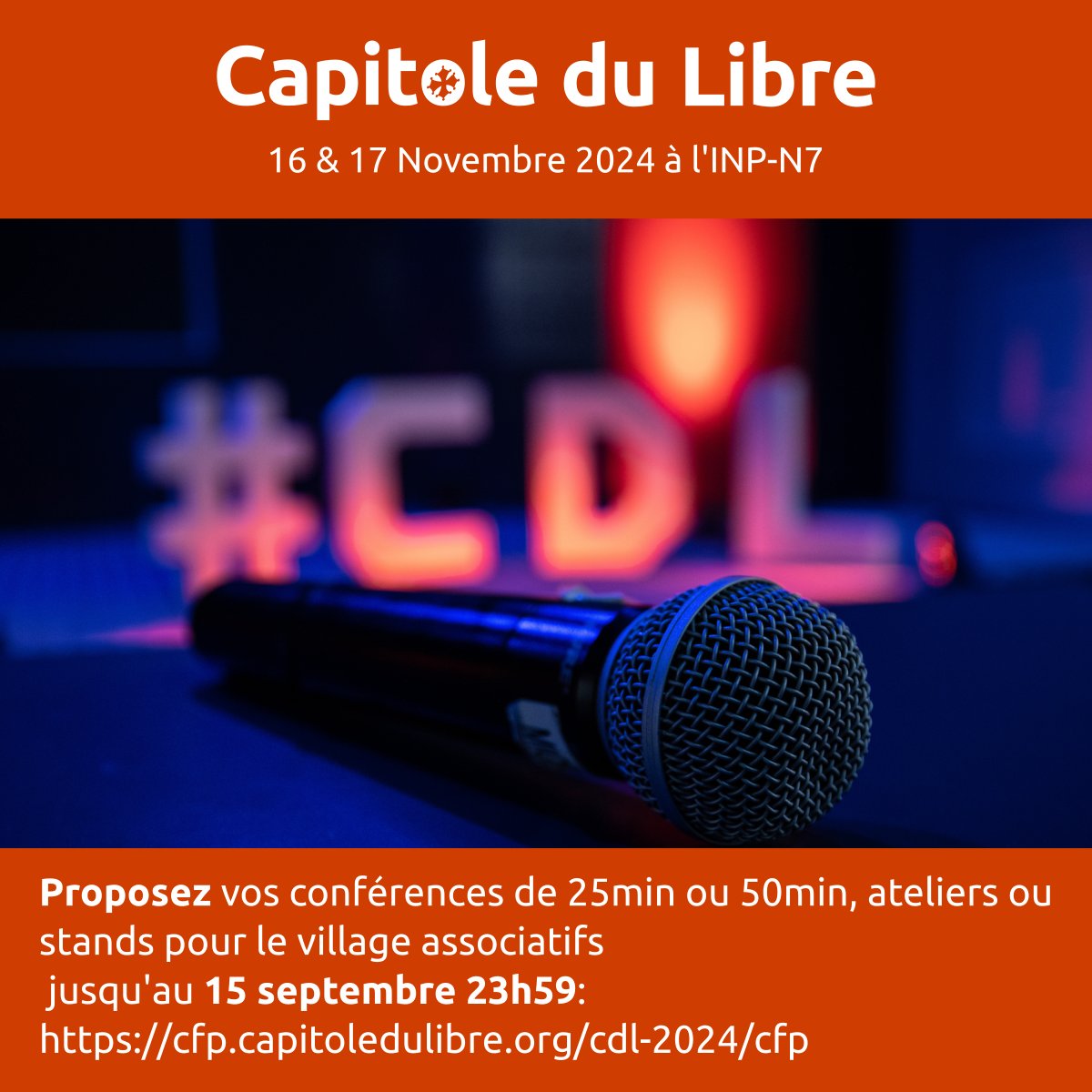 Dernier rappel à j-3: vous avez jusqu'à dimanche soir 23h59 pour proposer une conférence, un atelier ou un stand au prochain Capitole du Libre.

Une seule règle: parler du Libre ou du Logiciel Libre !

C'est ici: cfp.capitoledulibre.org/cdl-2024/cfp