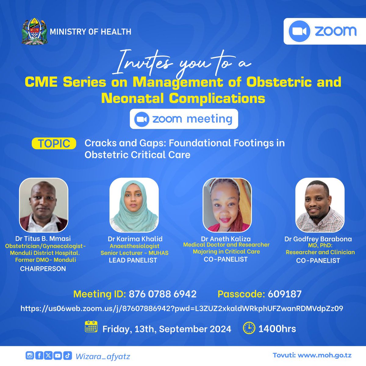 #POETICTZ updates
Join us today on zoom meeting. <a href="/wizara_afyatz/">Wizara ya Afya Tanzania 🇹🇿</a>  has prepared a CME series on management of obstetric and neonatal complications with a Topic on "Cracks and Gaps: Foundational footings in obstetric critical care"

Time: 1400hrs EAT

#eeccnetwork