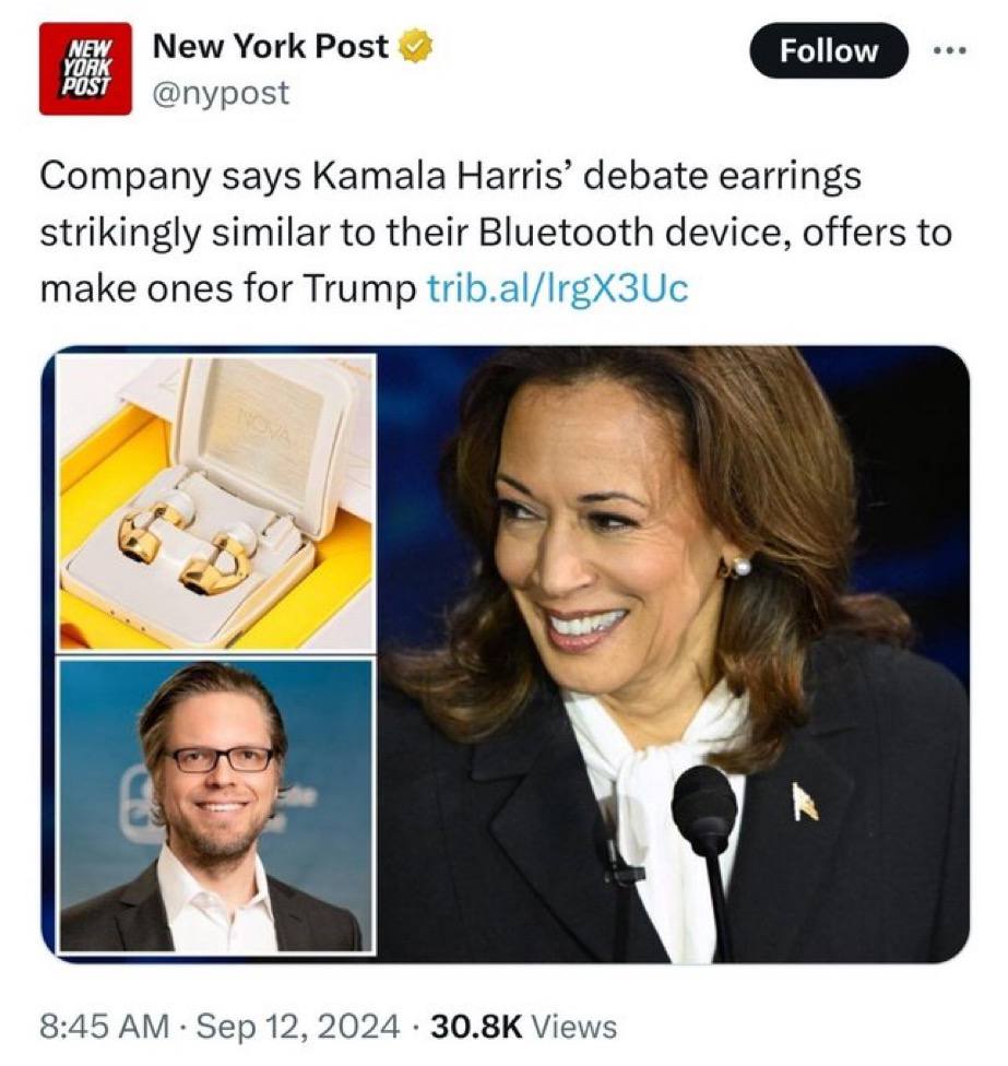 factsprime35's tweet photo. DEBATE CONTROVERSY!
Kamala Harris' earrings at the debate have sparked a frenzy!
A German company, Icebach Sound Solutions, claims they resemble their Bluetooth device, fueling speculation about a secret listening device.
#TrumpHarrisDebate #EarringGate https://t.co/bPocVYuwy2