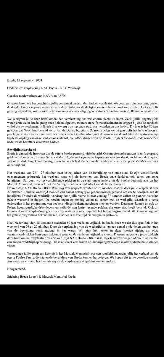Onze open brief n.a.v. het verplaatsen van NAC RKC, samen met het Maczek Memorial Breda. <a href="/espn/">ESPN</a> @knvb.

#NACpraat #NACrkc #BredaBevrijd
