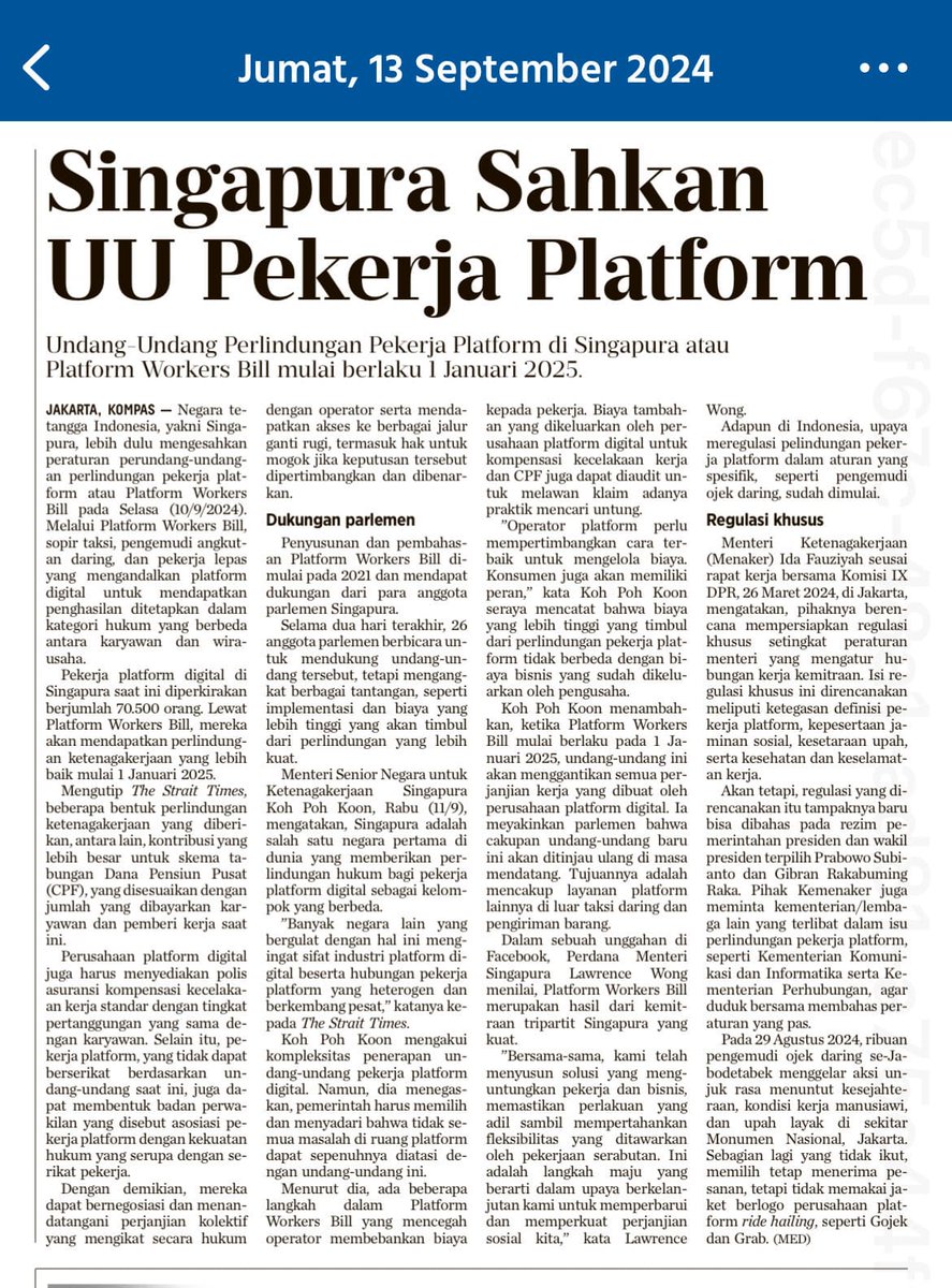 Pada 10 Sep 2024 kemarin Singapura mengesahkan UU PEKERJA PLATFORM dan per 1 Januari 2025 resmi diberlakukan.

Di negara Konoha kapan ya? Pemerintahnya ada perhatian nyata kepada 4 juta lebih rakyatnya yang bekerja di sektor pekerja platform ini.