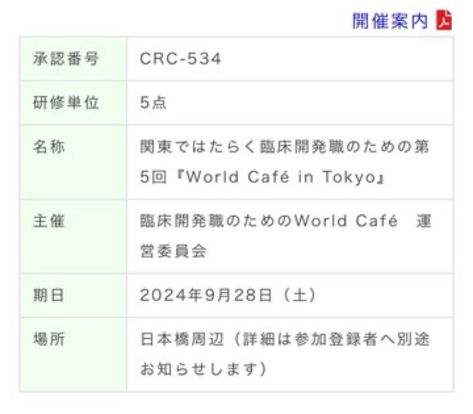 WorldCafeinOsa's tweet photo. 第5回 in Tokyo
現在41名の参加登録をいただいております！
運営の都合上、早期に締切る可能性があります。参加をお考えの方はお早めにご登録ください。

CRCの方の登録が少なく、薬理学会の点数もつきますので、是非いらしてください☺️ https://t.co/zAS7xqhW77