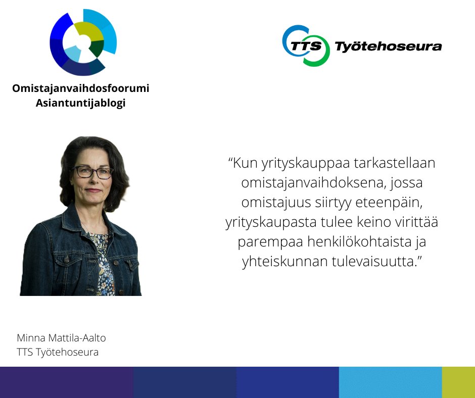 Käy lukemassa <a href="/ttsfi/">TTS Työtehoseura</a> <a href="/mattila_aalto/">Minna Mattila-Aalto</a>  blogikirjoitus. Tekstissä käsitellään yrityskaupan molempien osapuolten näkökulmia ja kuinka päästään jumitilanteesta yli.

Blogikirjoitukseen 👉: ov-foorumi.fi/vauhtia-omista…

#yrityskauppa #omistajanvaihdos #myyntikunto