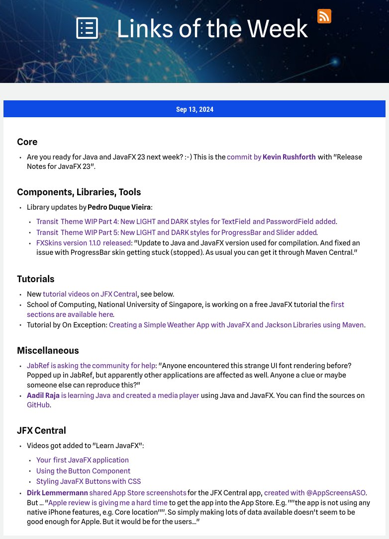 Here are the #JavaFX #LinksOfTheWeek on jfx-central.com/links

Thanks to
Kevin Rushforth
<a href="/P_Duke/">Pedro Duke</a> 
<a href="/FrankDelporte/">Frank Delporte #JavaOnRaspberryPi</a> 
School Of Computing, Singapore
On Exception
<a href="/JabRef_org/">JabRef</a> 
<a href="/Akill03712420/">Null</a> 
@dlemmermann 
<a href="/AppScreensASO/">AppScreens: App Store Screenshots</a> 

Have a lovely weekend!