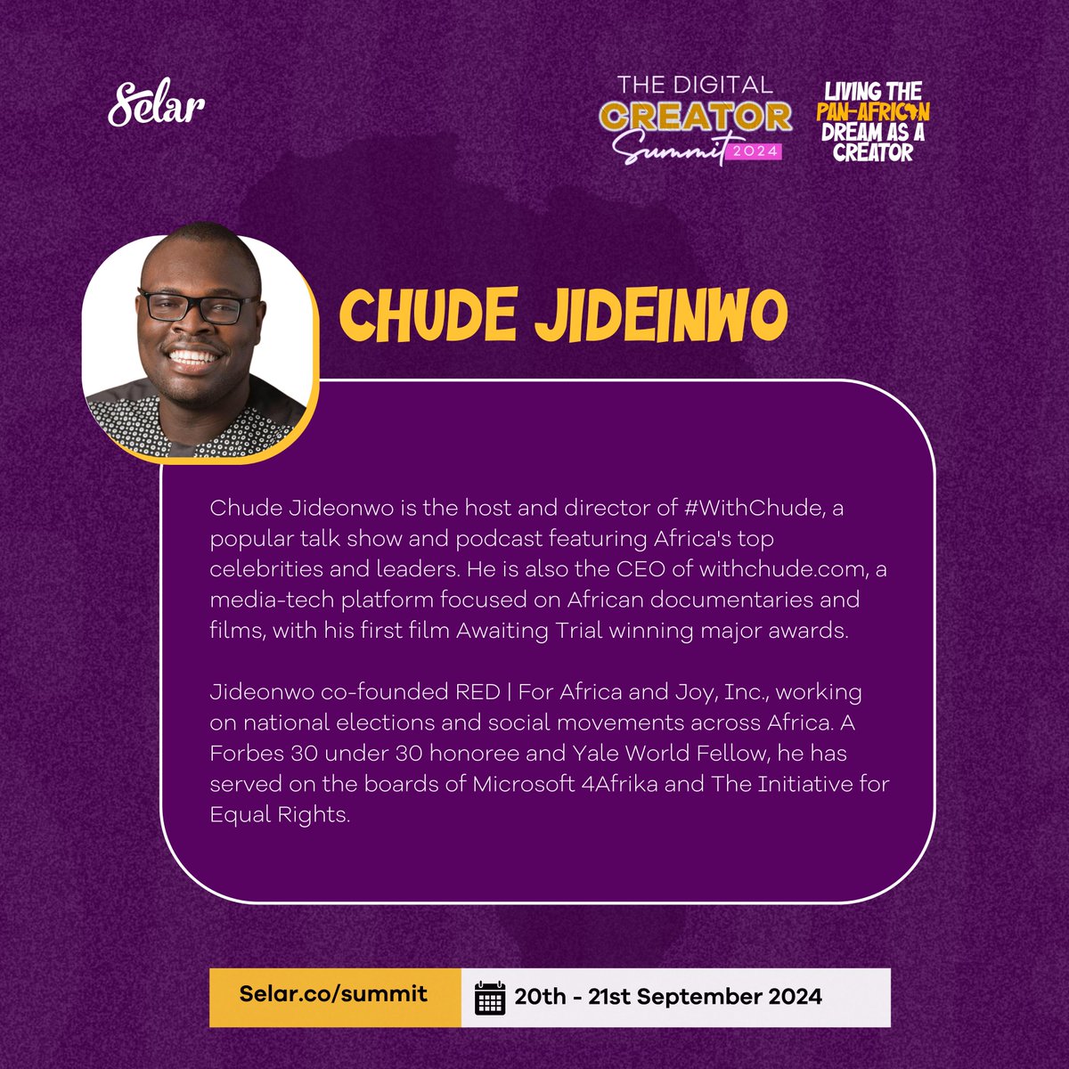 tryselar's tweet image. Visit bit.ly/Selarcreatorsu… to hear @withchude speak at this year's #Selarcreatorsummit24   

Chude Jideonwo is the host and director of #WithChude, a popular talk show and podcast featuring Africa's top celebrities and leaders. He is also the CEO of withchude.com, a