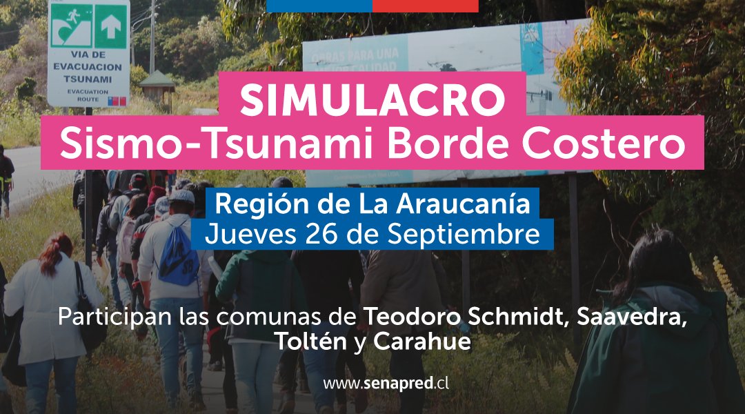 📢 #ChilePreparado Incentiva la cultura preventiva y participa en el #SimulacroAraucanía conociendo las nuevas vías de evacuación y Puntos de Encuentro más cercanos a tu hogar, lugar de trabajo o estudios. 

Infórmate en web.senapred.cl/simulacros_t/l…