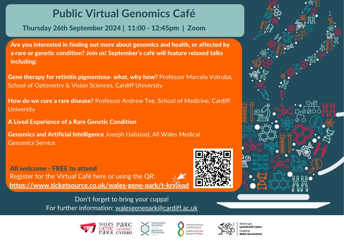 Are you interested in finding out more about genomics or are you affected by a rare or inherited condition?🧬

<a href="/WalesGenePark/">Wales Gene Park</a> will be running their next Public Virtual Genomics Café on Thursday 26th September, from 11am until 12.45pm.

Register FREE here: ow.ly/bjXC50TmIBq