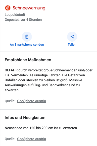 Nur mal zur Klarstellung, weil manche es tatsächlich glauben: In #Wien wird es keinen Schnee geben ❄️

Bei Google &amp; auf diversen Handys geistern heute wieder falsche Schneewarnungen herum. Dabei dürfte es sich aber um einen techn. Fehler bei einem anderen Wetterdienst handeln.