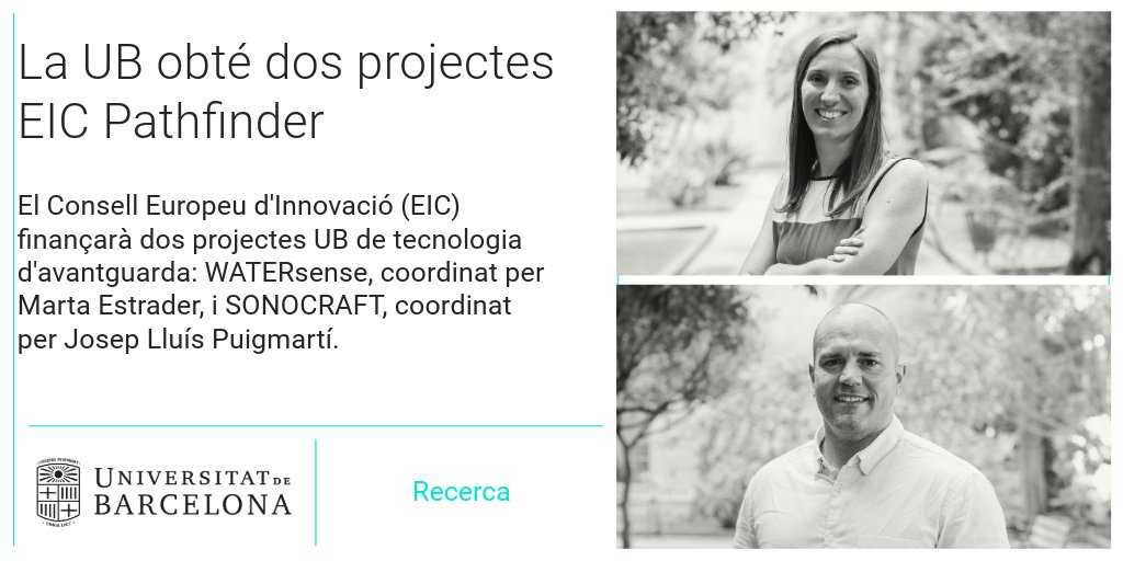 UniBarcelona's tweet photo. #RecercaUB | 🏅 L’@EUeic selecciona dos projectes de la #UniBarcelona en la convocatòria Pathfinder Open 2024 per desenvolupar tecnologies d’avantguarda.

💧 @martaestrader, de @QuimicaUB i @In2Ub, lidera un projecte per a la detecció remota de contaminació aquàtica.

🔬 @PuigmartiLuis, també de @QuimicaUB, lidera un projecte centrat en l'alineament cel·lular en la bioimpressió de teixit.

👉 https://t.co/SWc0VA7wbd