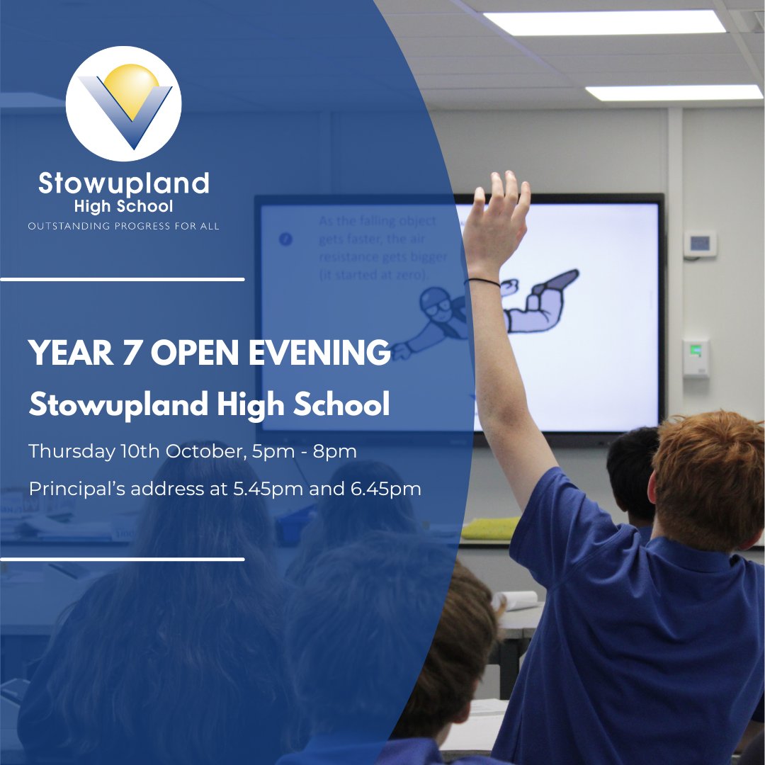 Stowupland_High's tweet image. We are delighted to announce we are hosting our Year 7 Open Evening on Thursday 10th October.

Parents and children will have the opportunity to see the school in action and find out more about our engaging curriculum, our brand-new learning spaces and the support we provide.