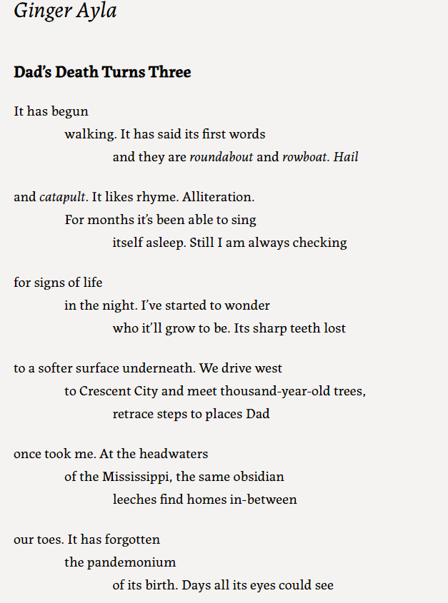 toddedillard's tweet photo. read this riveting poem "Dad's Death Turns Three" by Ginger Ayla in @TheBoiler_ 

"For months it’s been able to sing
                                 itself asleep." https://t.co/zuPaLapqU0