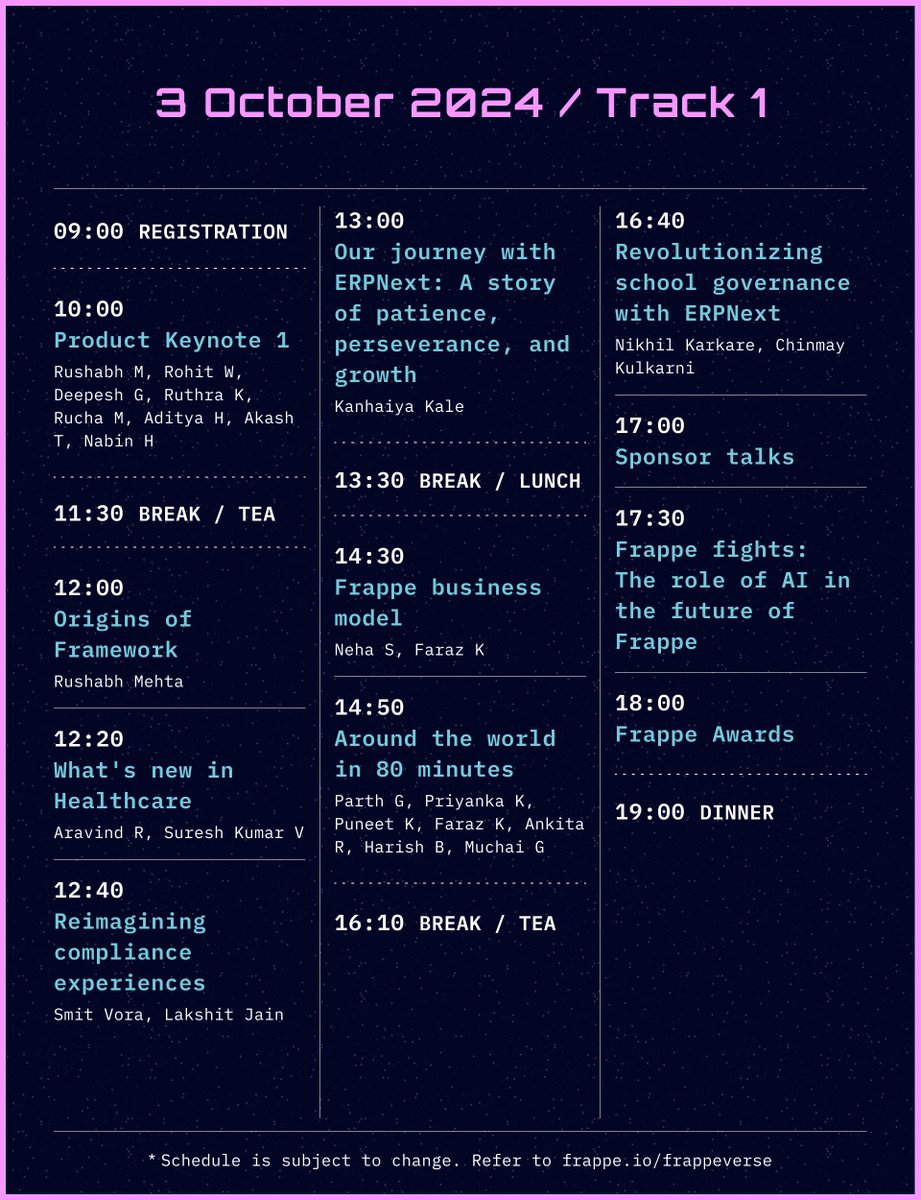 frappetech's tweet photo. The schedule for #Frappeverse2024 is out!  🎉 

After evaluating over 45 proposals, we’re excited to share the final lineup for our #opensource #conference! From keynotes to stories and discussions, we’ve curated sessions that cater to developers, business owners, and open-source enthusiasts alike. 

Check it out here - https://t.co/Js3zrPBLrq