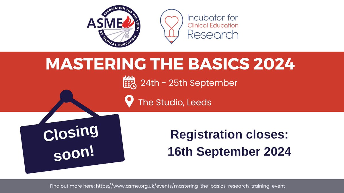 Reminder❗️ Registration for 'Mastering the Basics 2024' closes on Monday. 
Don't miss these essential keynotes on September 24-25th🤩
Register now: asme.org.uk/events/masteri… 
#ClinEdR #MTB2024 <a href="/ClinEdResearch/">Incubator for Clinical Education Research</a>