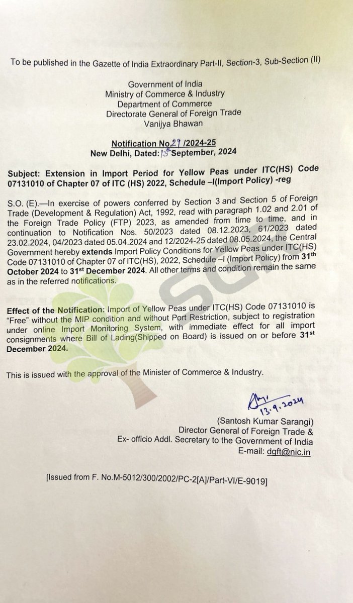 Yellow Peas import date extended till 31 sr December.
#yellowpeas <a href="/USAPulses/">USA Pulses</a> <a href="/pulsecanada/">Pulse Canada</a>