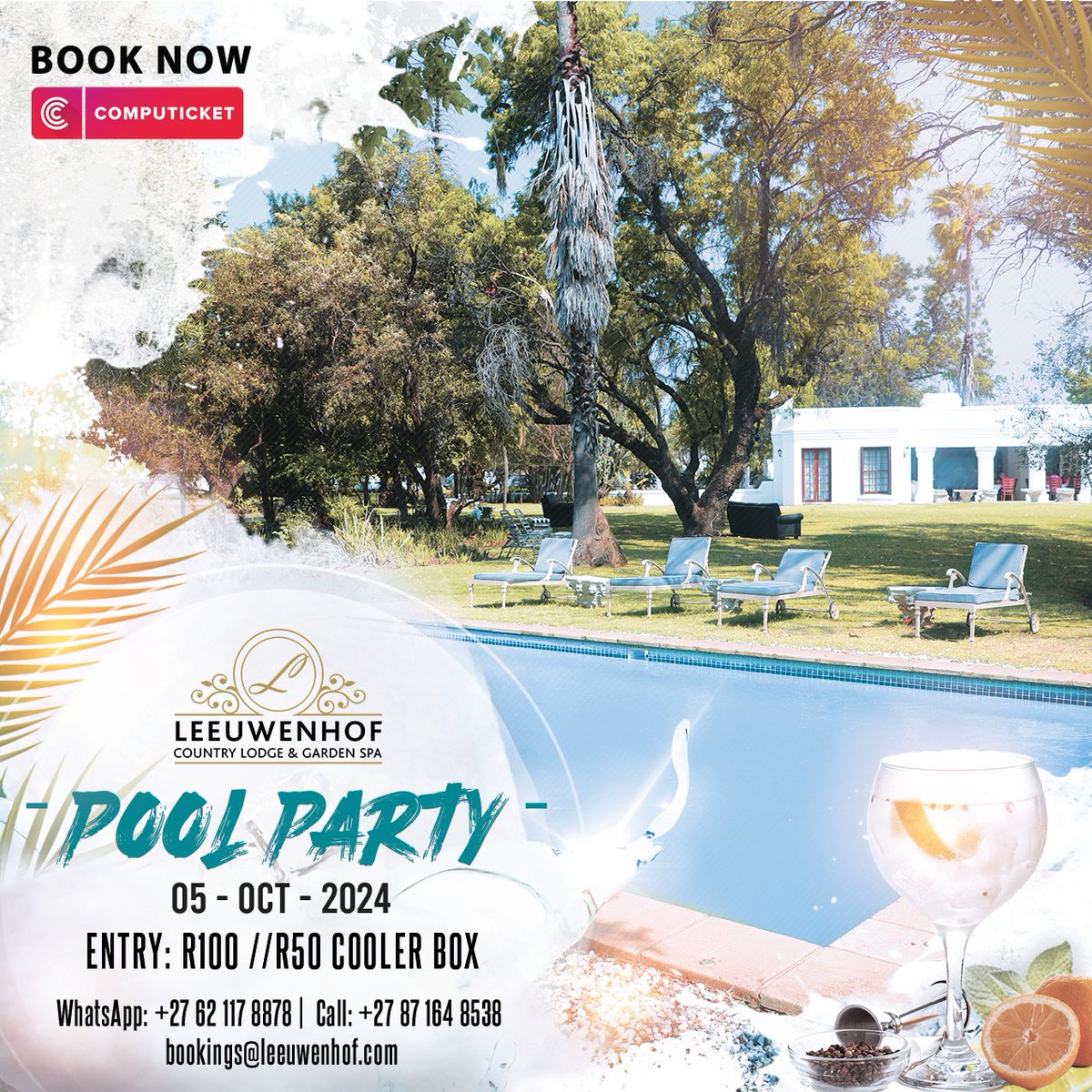 LeeuwenhofLodge's tweet image. Sun, fun, and poolside vibes! ☀️🌴 
Don’t miss out on the coolest pool party of the year at Leeuwenhof Country Lodge. Mark your calendars for October 5th! 🎉 Entry: R100, Cooler: R50 – get your tickets and let's dive into the fun! 🌊 

#PoolsideFun #LeeuwenhofEvents #SummerParty"