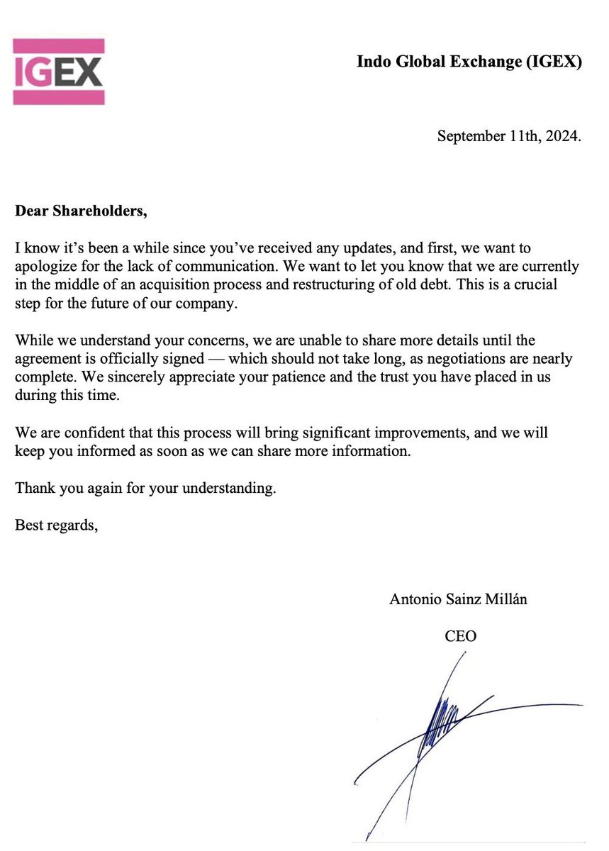 IGEX_Official's tweet image. Our COO, Antonio, has shared an important message with us, and we're thrilled to pass it along. Check out the attached image for his letter!  Stay tuned for more updates and insights from the team. $IGEX #Leadership #MarketNews