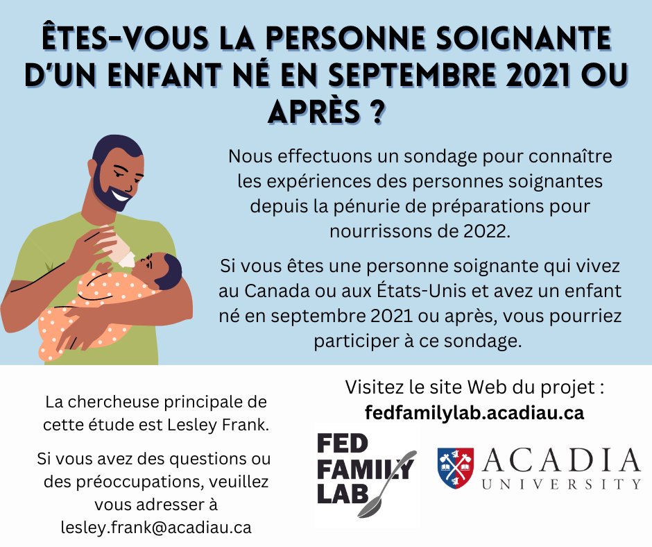 Fed Family Lab (@fedfamilylab) on Twitter photo Le Fed Family Lab de lâUniversitĂ© Acadia a lancĂ© une enquĂȘte sur les expĂ©riences des soignants en matiĂšre dâinsĂ©curitĂ© alimentaire des nourrissons (pĂ©nuries de prĂ©parations pour nourrissons, augmentation des coĂ»ts des aliments, impacts sur lâallaitement)
surveys.acadiau.ca/index.php/1753⊠Le Fed Family Lab de lâUniversitĂ© Acadia a lancĂ© une enquĂȘte sur les expĂ©riences des soignants en matiĂšre dâinsĂ©curitĂ© alimentaire des nourrissons (pĂ©nuries de prĂ©parations pour nourrissons, augmentation des coĂ»ts des aliments, impacts sur lâallaitement)
surveys.acadiau.ca/index.php/1753âŠ