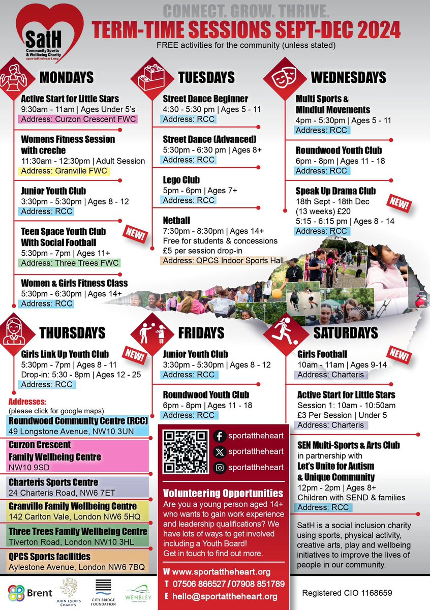 We now present SatH's new Sept - Dec Term - Time session flyer !

All sessions can be booked via our website 
sportattheheart.org 😁

We can't wait to welcome you all !

#TeamSatH