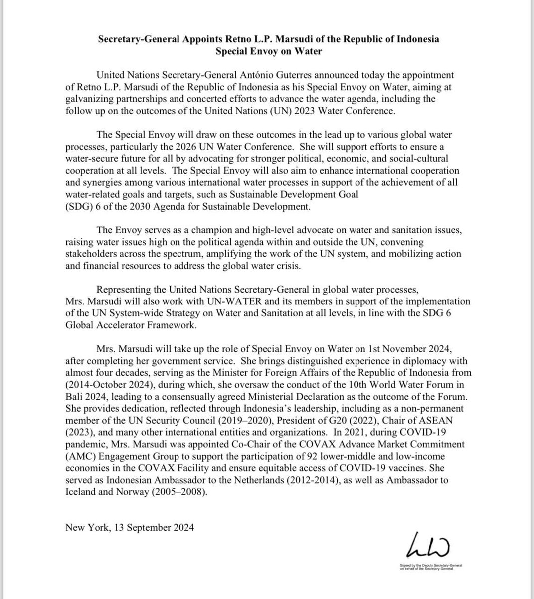 Finland warmly welcomes the nomination of Retno L. P. Marsudi @menlu_RI of the Republic of Indonesia to be appointed as UN Special Envoy on Water. 

The appointment is an important and welcome step in raising #water issues high on the global political agenda. 

<a href="/Ulkoministerio/">MFA Finland 🇫🇮</a>