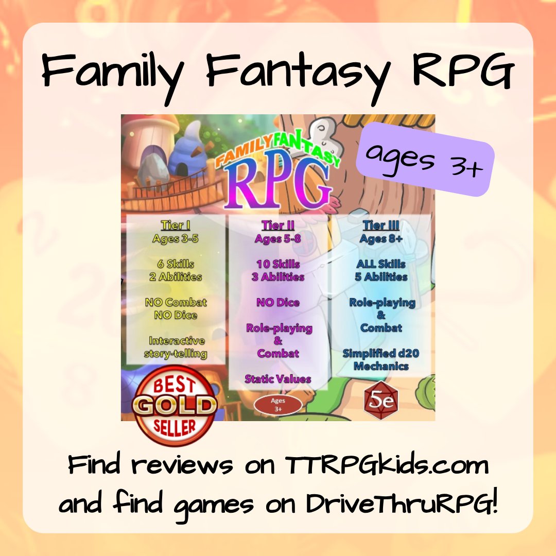 Check out @famfantasyrpg for TTRPG mechanics that walk you and your young players through learning d20 based rules!  It's a great system for intro'ing kids as  young as 3 to TTRPGs, and it has lots of great stories to check out too!

#TTRPGkids #DnDkids