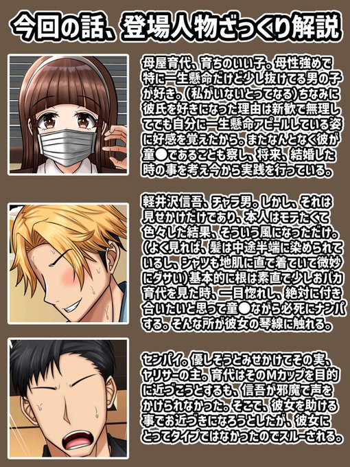 まとめると、今回は「ヒロインを助けに入る男子が実はヤリ●ーのクズ」で「チャラ男だと思ってた男の子がヒロインのタイプでス●ベだけど素直」で「ヒロインは母性ましましのMカップ、キス魔(ど●けべ)」ということでした(笑) 