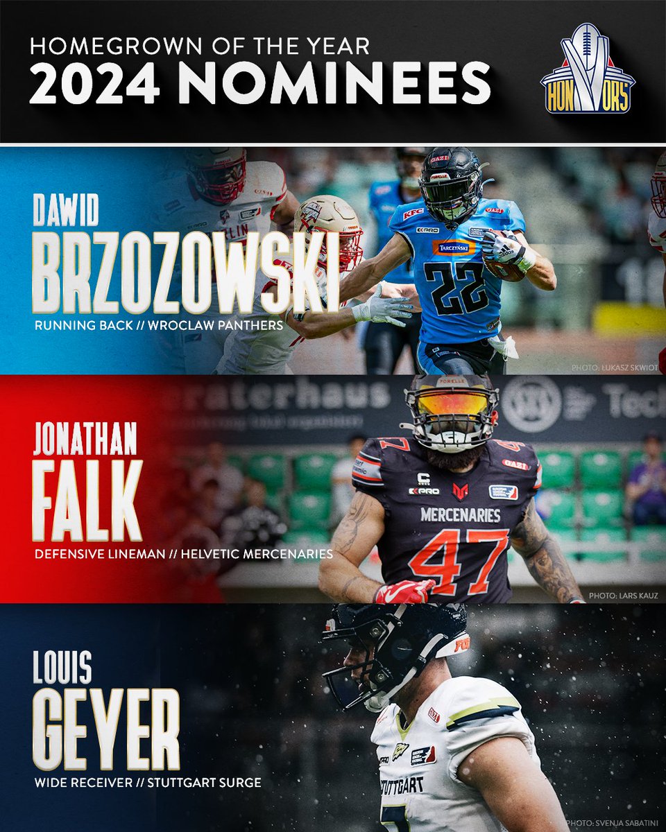 The following players have been nominated for 𝐇𝐨𝐦𝐞𝐠𝐫𝐨𝐰𝐧 𝐨𝐟 𝐭𝐡𝐞 𝐘𝐞𝐚𝐫 𝟐𝟎𝟐𝟒

⭐️ Dawid Brzozowski, Running Back, Wroclaw Panthers
⭐️ Jonathan Falk, Defensive Lineman, Helvetic Mercenaries
⭐️ Louis Geyer, Wide Receiver, Stuttgart Surge
