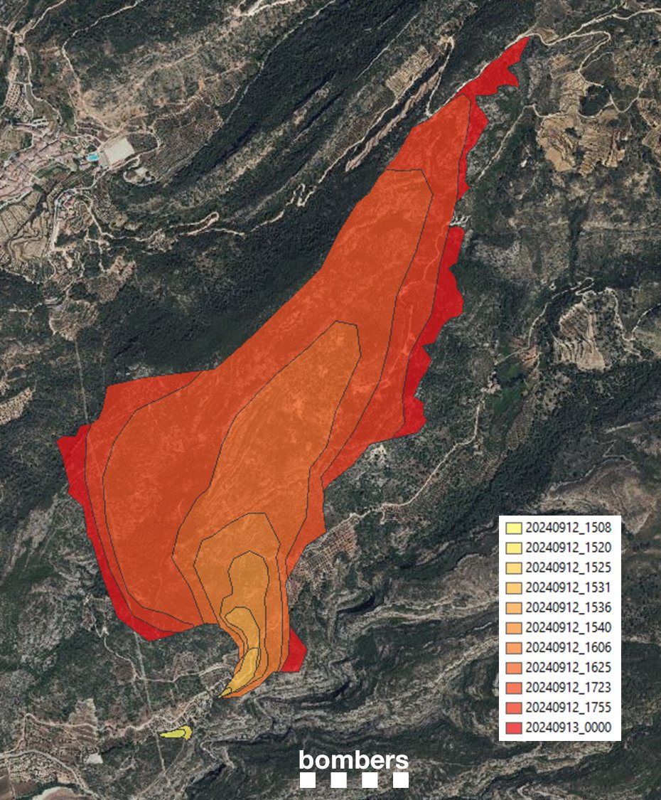 En aquest mapa es pot veure el moviment de creixement de l'incendi de Cabacés en isòcrones (es mesura en espai i temps). Això ens serveix per veure la seva evolució en cada franja horària. En aquest cas, des de les 15.08h (quan va començar) fins a les 00h de la nit.

#bomberscat