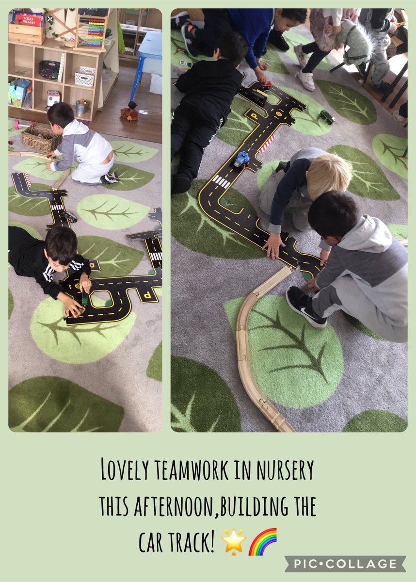 Some of the boys in nursery this afternoon shown great team work by working together to build the track! I am so impressed! Well done ⭐️🌈