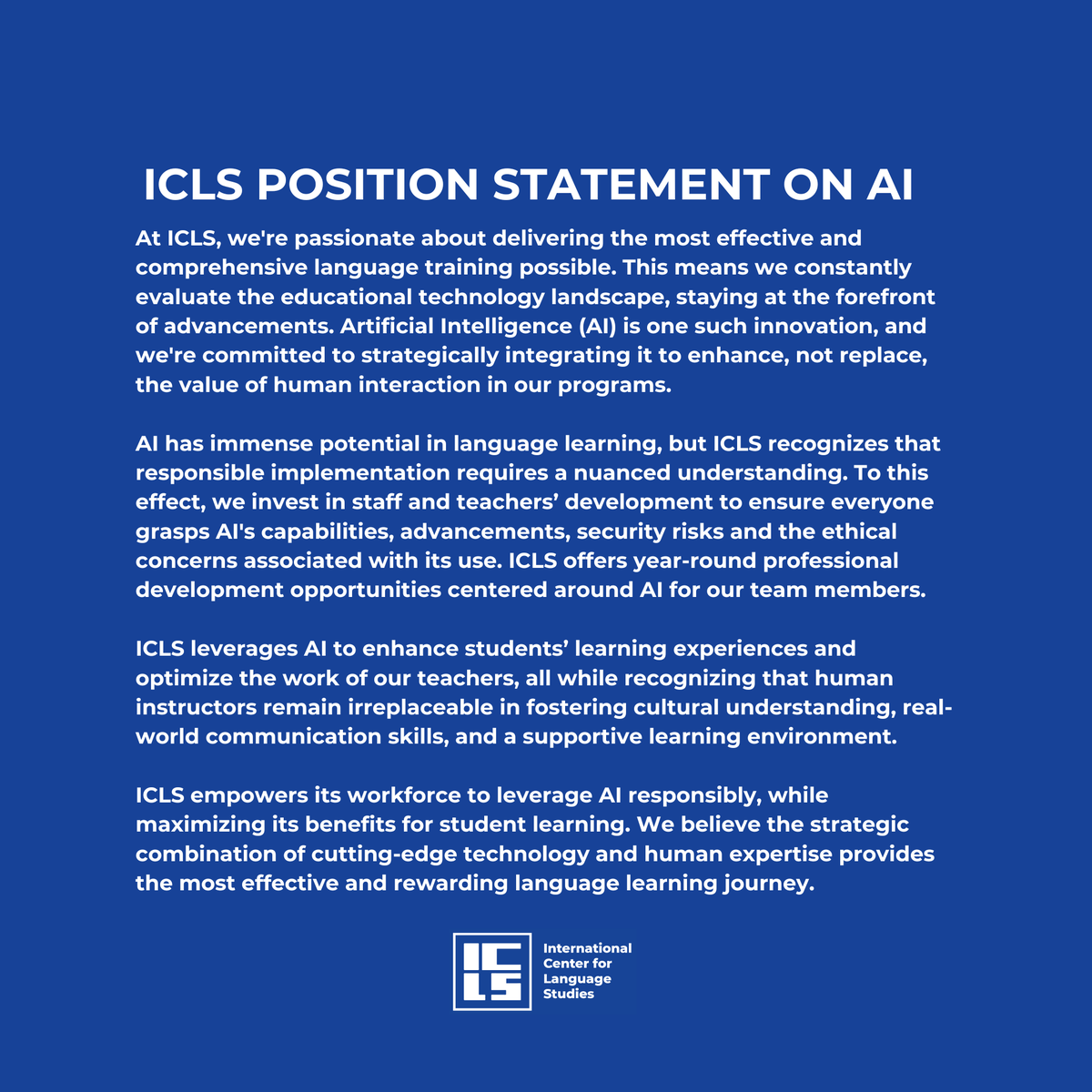 icls's tweet image. At ICLS, we&apos;re harnessing the power of AI to enhance your learning experience, not replace it. Our team is trained to use AI responsibly, ensuring a seamless blend of technology and human expertise.

 #ICLS #AILanguageLearning #Innovation #Education