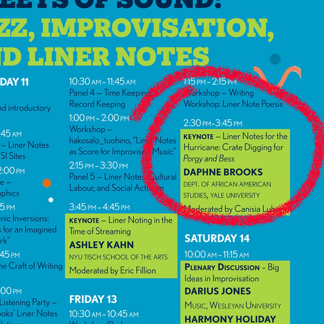 Day 3 of the GJFC is headlined by the incomparable Daphne Brooks, presenting "Liner Notes for the Hurricane: Crate Digging for Porgy and Bess" 

ImprovLab
2:30 PM

See you there: bit.ly/3TbJPkA

#jazz #linernotes #DaphneBrooks #GJFC #UofGuelph #AmericanMusic #sound