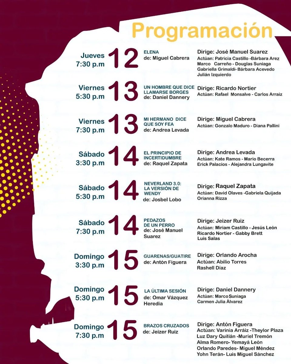 <a href="/pamqueba/">Carlos Pamqueba</a> <a href="/LaCajaDFosforos/">La Caja de Fósforos</a> <a href="/SimonBestia/">Simon Villamizar</a> <a href="/gabyarocha/">Gaby Arocha</a> <a href="/HilseCaracas/">Hilse León</a> <a href="/AimeeZambranoO/">Aimee Zambrano Ortiz</a> <a href="/EmbaFrancia/">Francia en Venezuela 🇫🇷🇻🇪</a> <a href="/VayaAlTeatro/">Vayaalteatro.com ®</a> <a href="/javiervidalp/">Javier Vidal</a> <a href="/manriquehector/">Héctor Manrique</a> Buenos días. Por acá la grilla con los horarios. 👇🏻