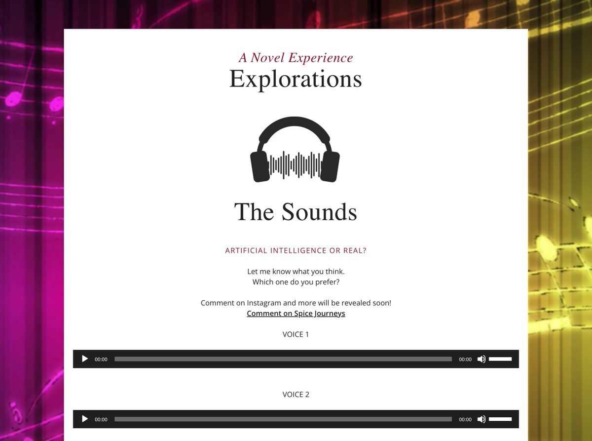 SpiceJourneys's tweet image. Exploring the use of AI for content creation and playing with voice for an audiobook. Listen in and comment here on what you prefer.
spicejourneys.com/experiences/ex…

#voice #audiobook #aiexplorations #contentcreator #author #read #write #listen #sounds