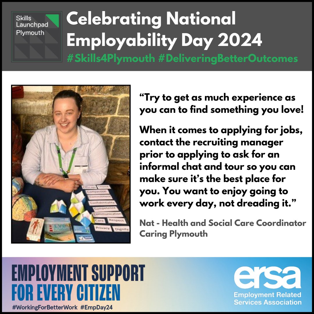 PlymLaunchpad's tweet image. As it&apos;s National Employability Day we&apos;re sharing our top tips. Here&apos;s Nat&apos;s.

If you&apos;re interested in accessing opportunities in childcare, health and social care in Plymouth, #CaringPlymouth can help!

#Skills4Plymouth #WorkingForBetterWork #EmpDay24
@Plymouth City Council