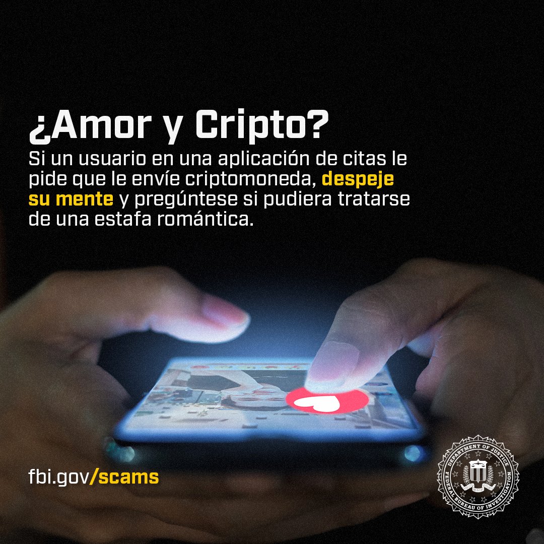 Mientras usted busca el amor, los estafadores lo buscan a usted. Si su  “pareja ideal” comienza a pedirle que invierta en #crypto, probablemente  intenta estafarle. Mantenga su corazón y su billetera intactos