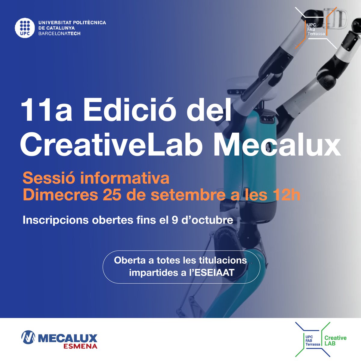 UPC FAB Terrassa (@upcfabterrassa) on Twitter photo 🤖Uneix-te a l'11a Edició del #CreativeLab Mecalux i participa en el disseny d'un #robot #humanoide per treballar en magatzems!
Demostra el teu talent juntament amb altres estudiants de l'#ESEIAAT i amb l'assessorament d'experts de #mecalux
docs.google.com/forms/d/e/1FAI… 🤖Uneix-te a l'11a Edició del #CreativeLab Mecalux i participa en el disseny d'un #robot #humanoide per treballar en magatzems!
Demostra el teu talent juntament amb altres estudiants de l'#ESEIAAT i amb l'assessorament d'experts de #mecalux
docs.google.com/forms/d/e/1FAI…