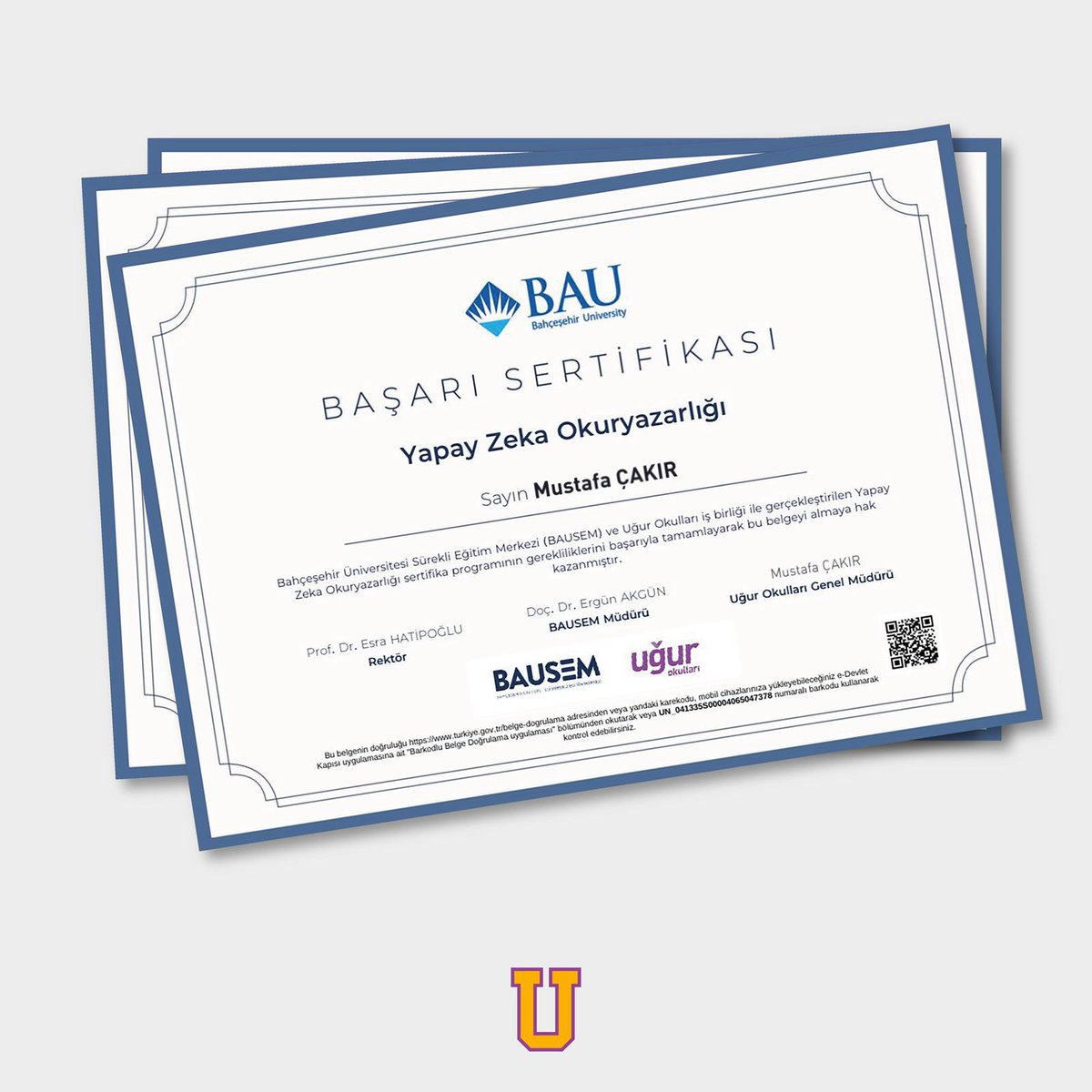 404 Uğurlu Öğretmenimiz Uğur Okulları &amp; BAUSEM tarafından organize edilen “Yapay Zeka Okuryazarlığı” eğitimini tamamlayarak e-devlet sertifikasını aldı.

BAUSEM’e ve büyük BAU Global ailemize katkılarından dolayı çok teşekkür ediyorum.