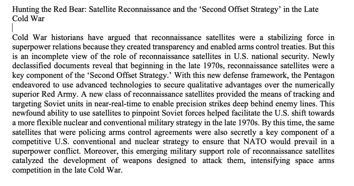Pleased to share that my article, Hunting the Red Bear: Satellite Reconnaissance and the Second Offset Strategy, has been accepted by International History Review. It details the role of satellite recon in the US shift towards more flexible nuclear and conventional targeting